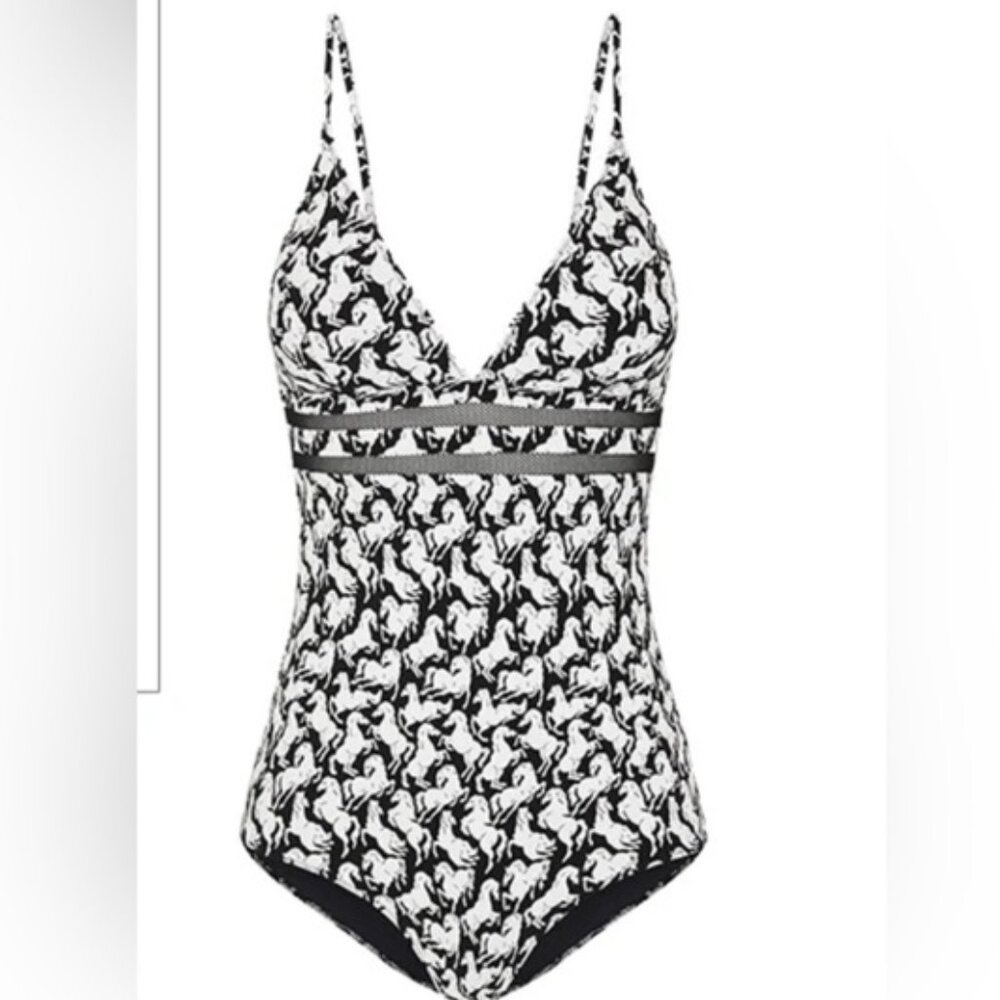 Stella McCartney Black and White Horse Iconic Print Mesh One Piece Swimsuit M